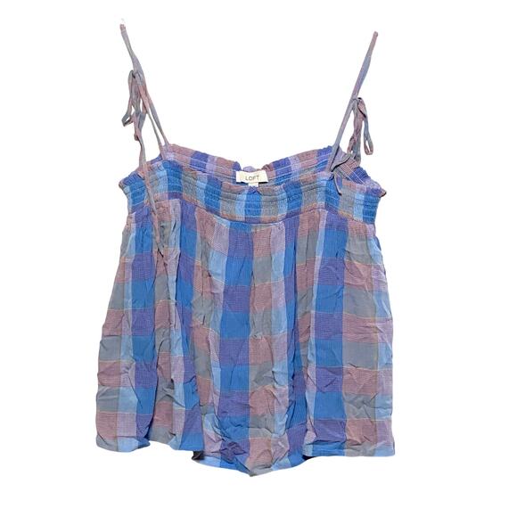 Loft Camisole Tie Bow Straps Plaid Top L Smocked Boho Dainty Flowy Feminine NWT - Picture 1 of 9